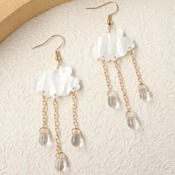 MOTHER OF PEARL CLOUD W/ CRYSTAL RAINDROPS LONG DANGLY EARRINGS 54 - Picture 1 of 2